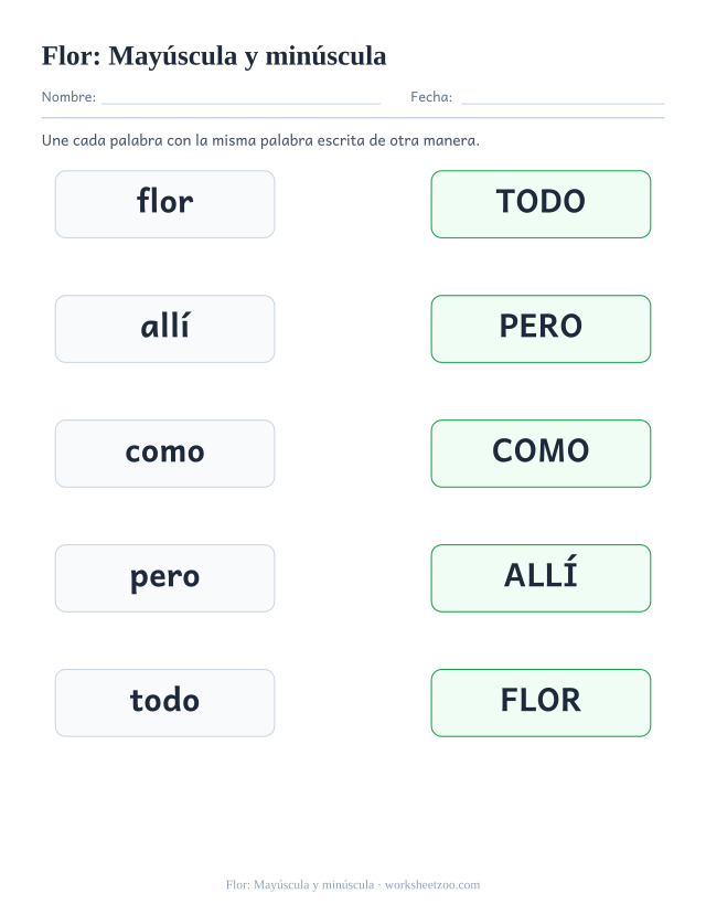 Ficha de la palabra frecuente «flor», mayúscula y minúscula para imprimir