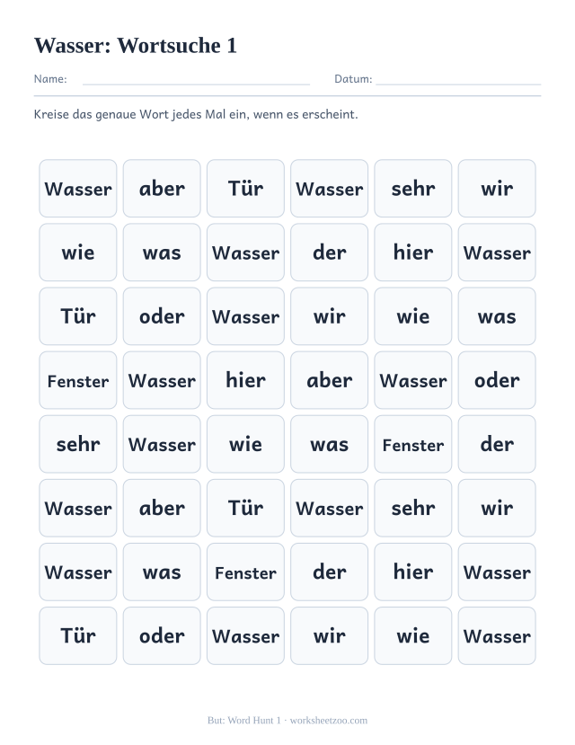 Vorschau: häufiges Wort „Wasser“, Wortsuche 1
