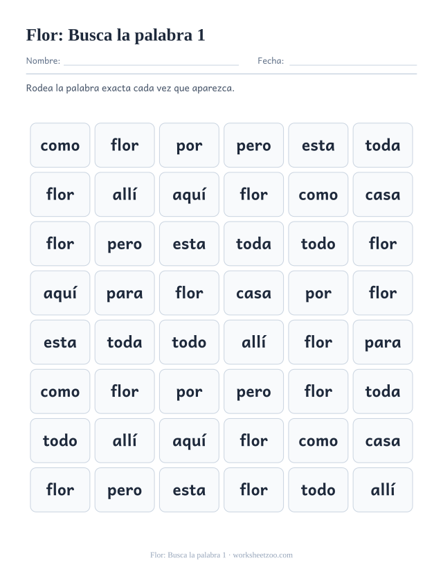 Ficha de la palabra frecuente «flor», busca la palabra 1 para imprimir