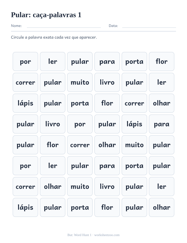 Prévia da palavra frequente “pular”, caça-palavras 1