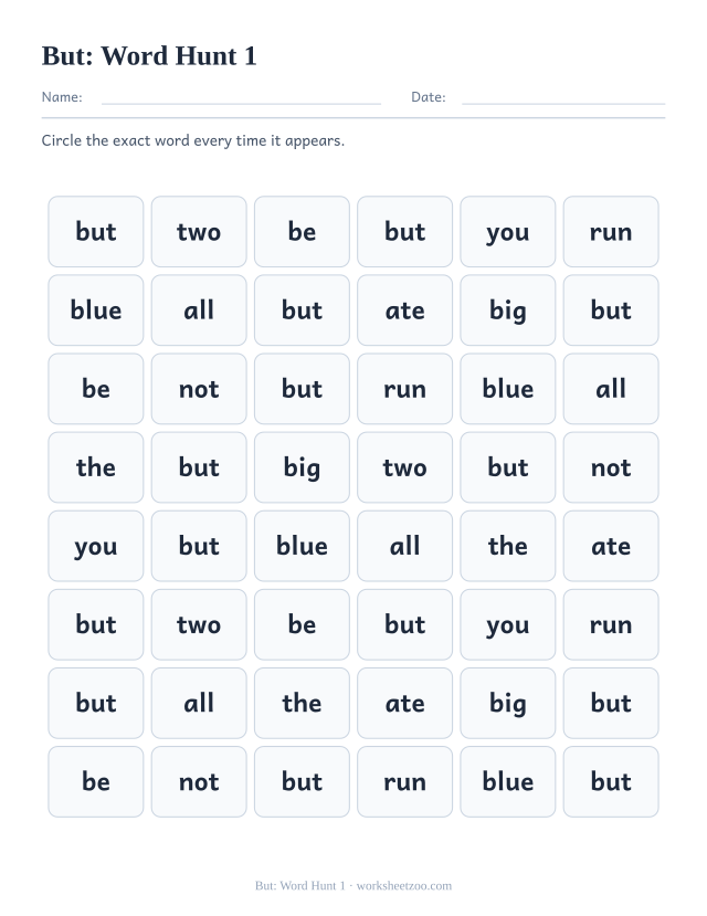 Sight word “but” worksheet, word hunt 1 printable activity