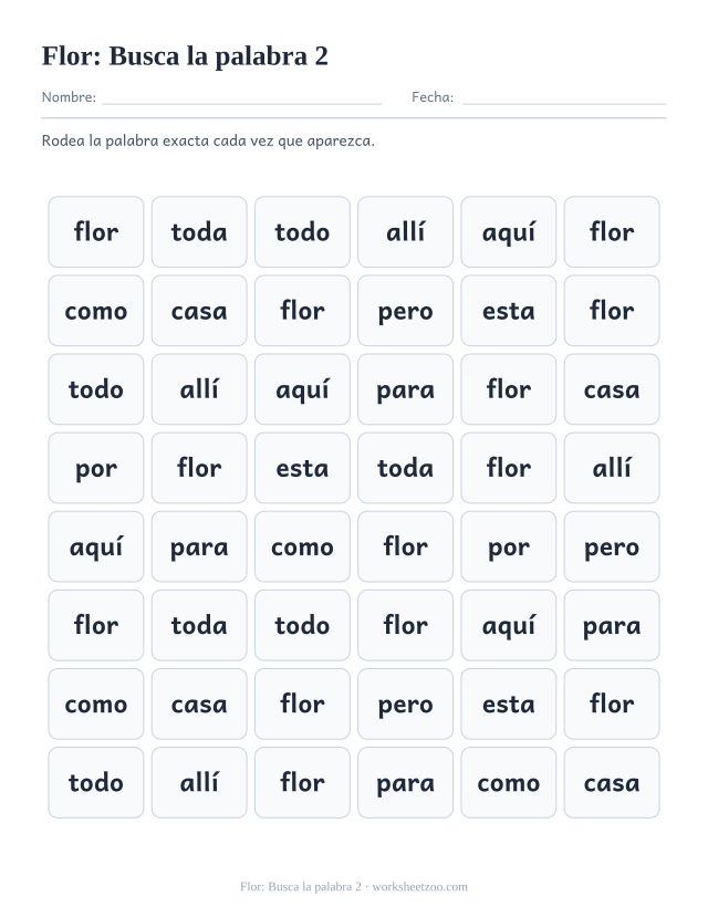 Ficha de la palabra frecuente «flor», busca la palabra 2 para imprimir