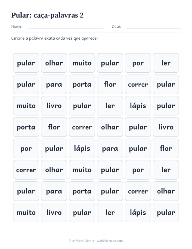 Prévia da palavra frequente “pular”, caça-palavras 2