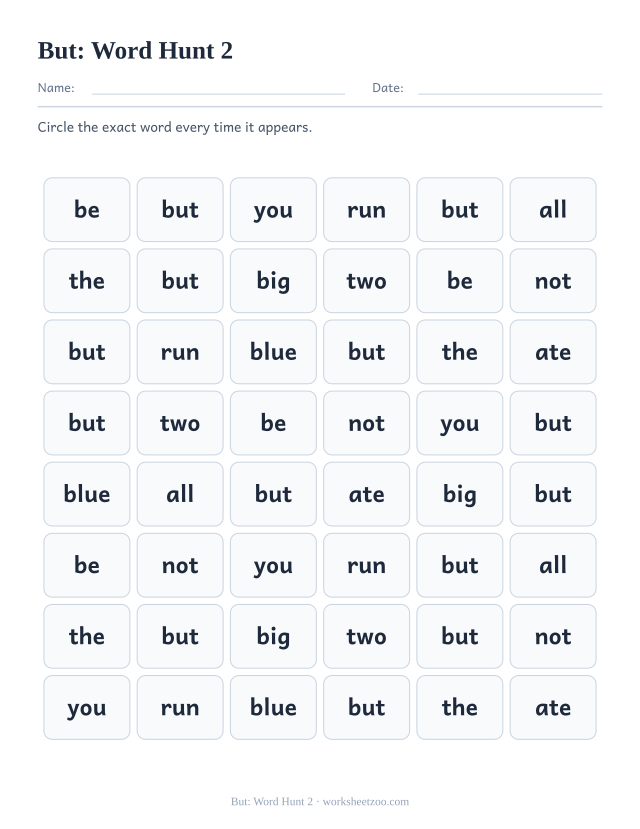 Sight word “but” worksheet, word hunt 2 printable activity