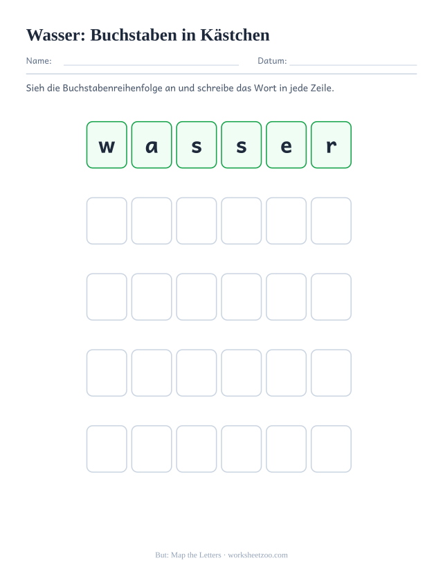 Vorschau: häufiges Wort „Wasser“, Buchstaben in Kästchen