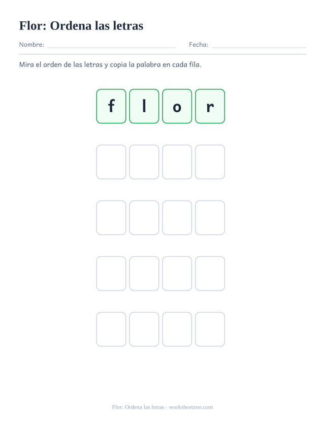 Ficha de la palabra frecuente «flor», ordena las letras para imprimir