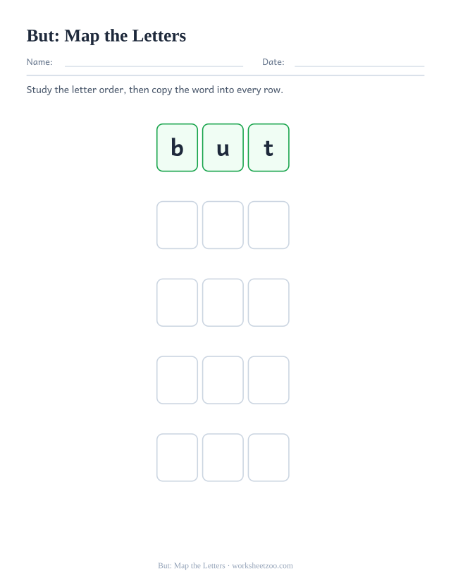 Sight word “but” worksheet, map the letters printable activity