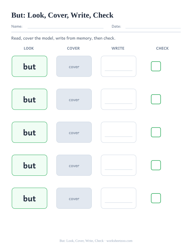 Sight word “but” worksheet, look, cover, write, check printable activity
