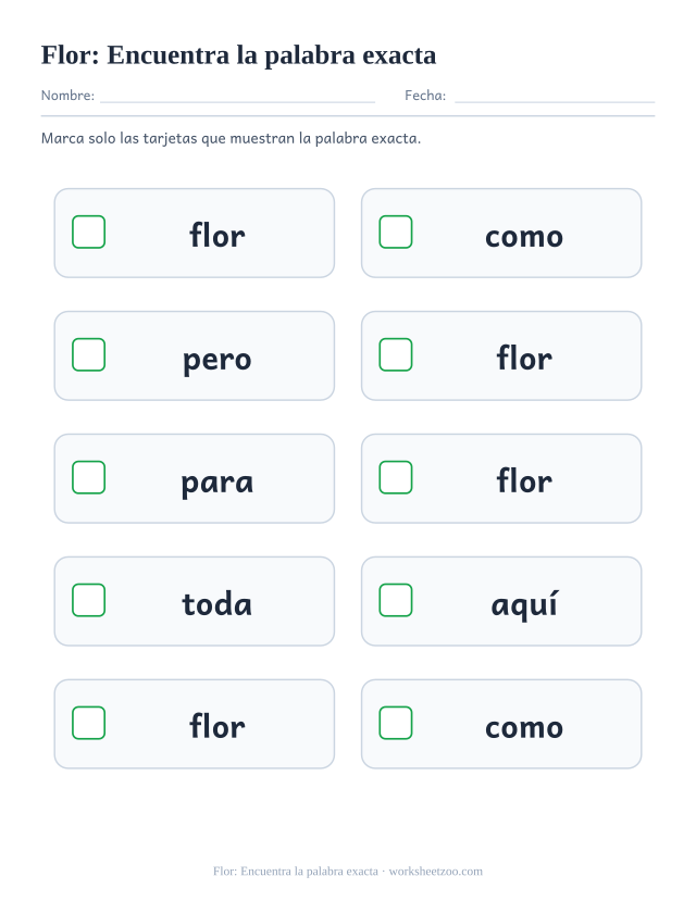 Ficha de la palabra frecuente «flor», encuentra la palabra exacta para imprimir