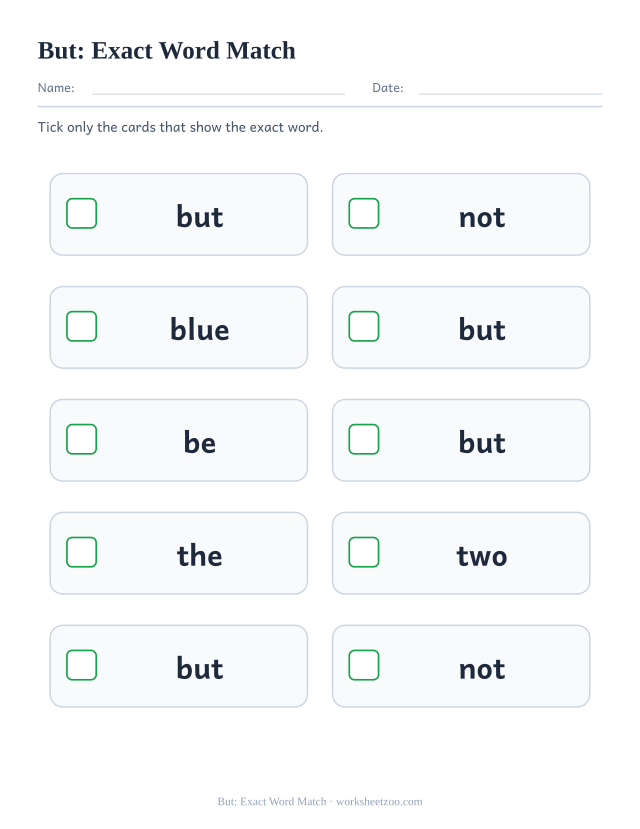 Sight word “but” worksheet, exact word match printable activity