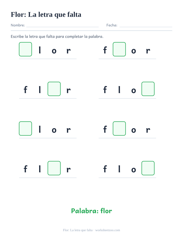 Ficha de la palabra frecuente «flor», la letra que falta para imprimir