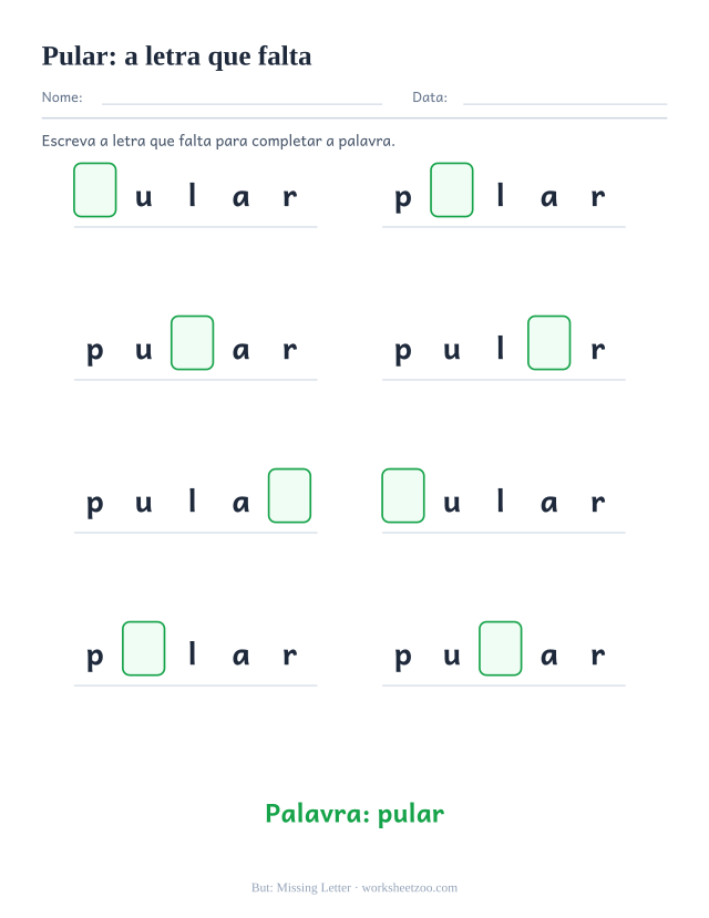 Prévia da palavra frequente “pular”, a letra que falta