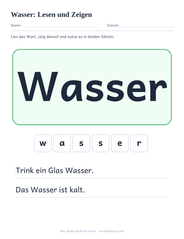 Vorschau: häufiges Wort „Wasser“, Lesen und Zeigen