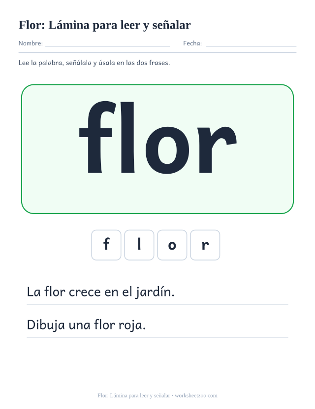 Ficha de la palabra frecuente «flor», lámina para leer y señalar para imprimir