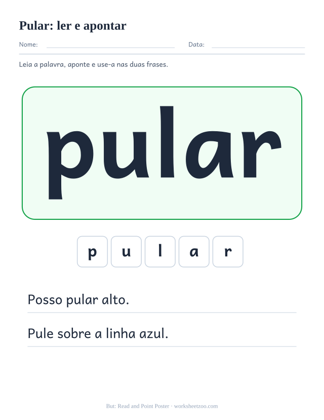 Prévia da palavra frequente “pular”, ler e apontar
