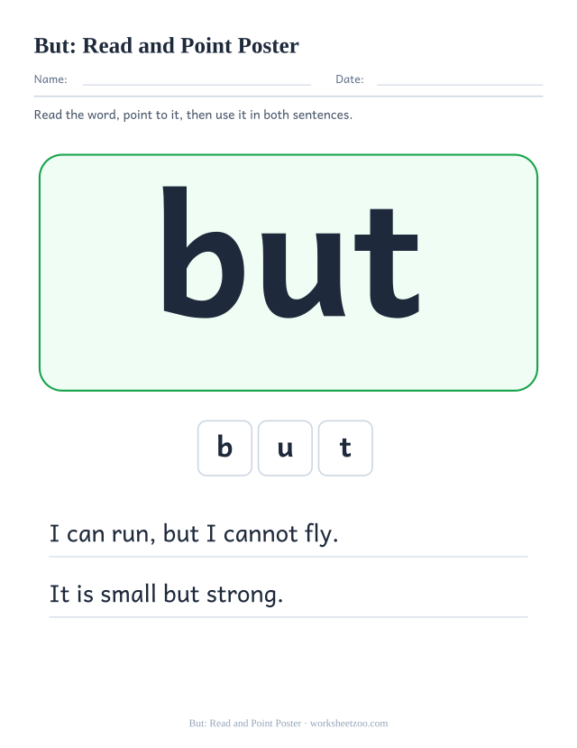 Sight word “but” worksheet, read and point poster printable activity