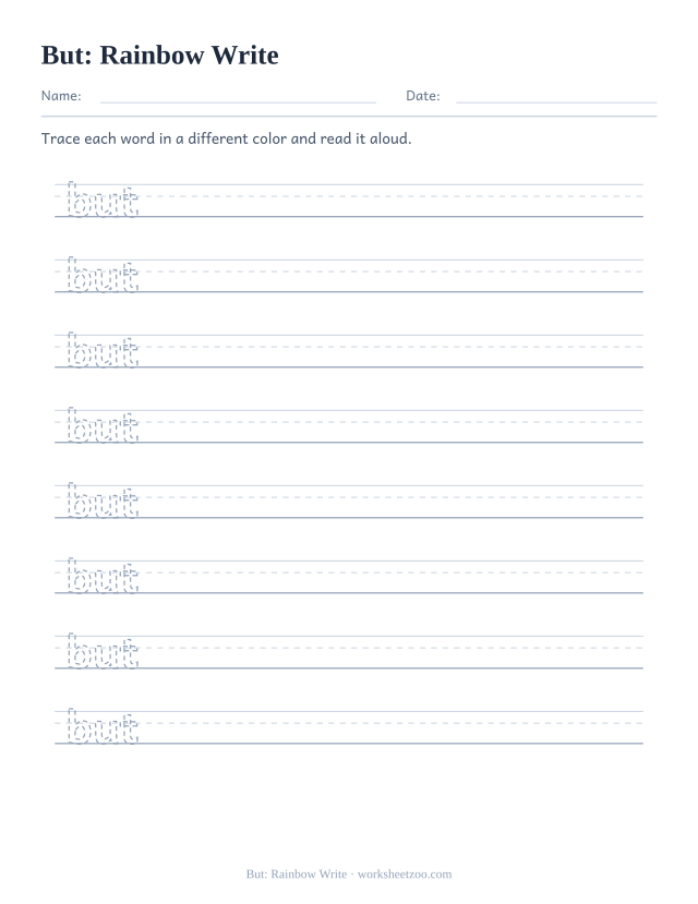 Sight word “but” worksheet, rainbow write printable activity