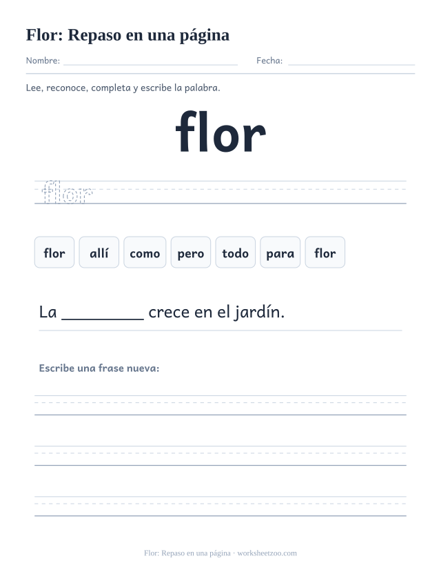 Ficha de la palabra frecuente «flor», repaso en una página para imprimir