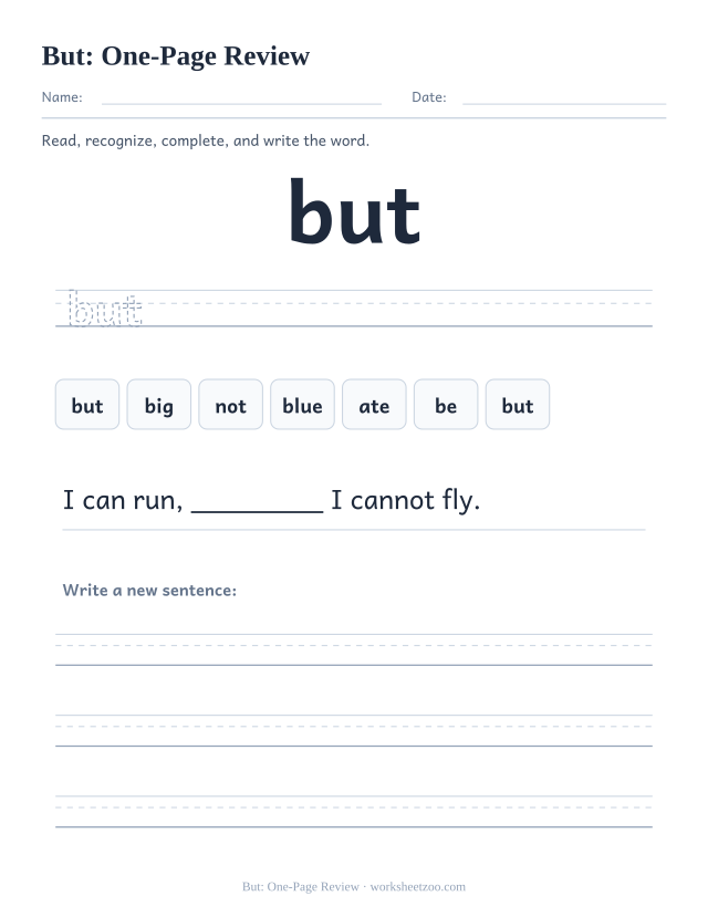 Sight word “but” worksheet, one-page review printable activity