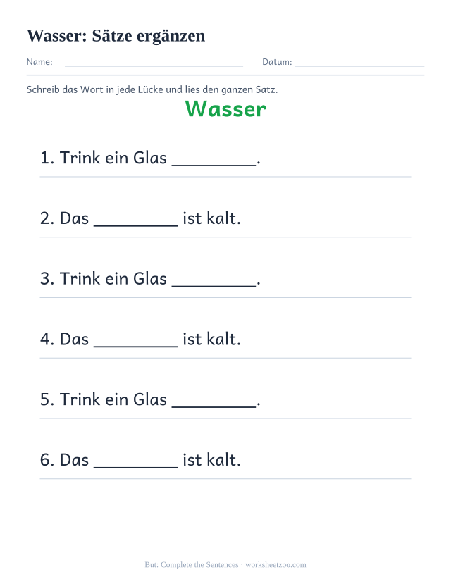Vorschau: häufiges Wort „Wasser“, Sätze ergänzen