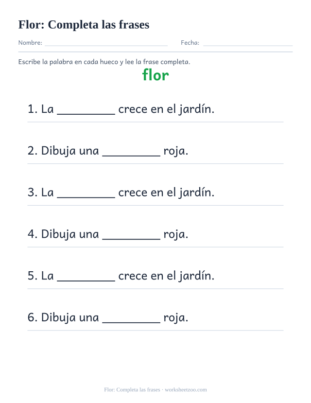 Ficha de la palabra frecuente «flor», completa las frases para imprimir