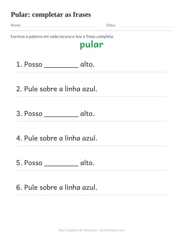 Prévia da palavra frequente “pular”, completar as frases