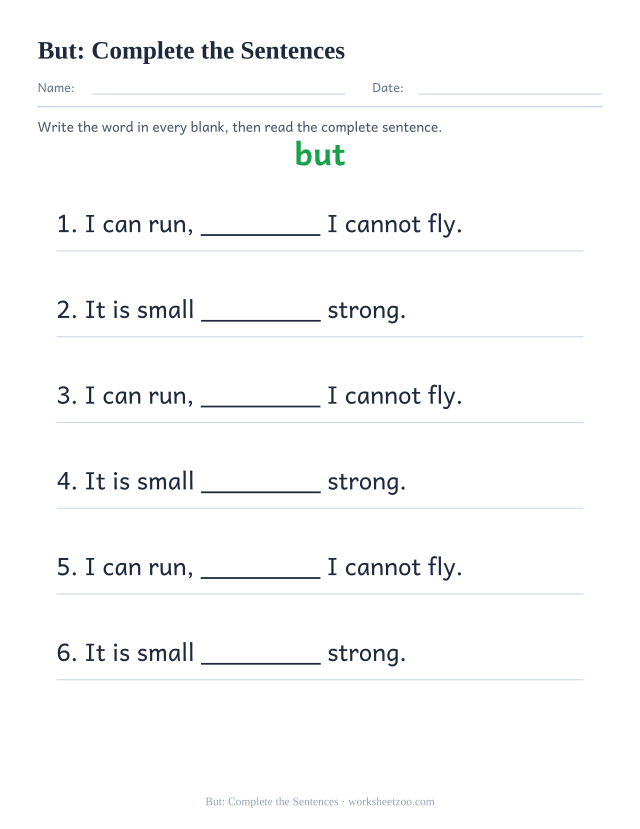 Sight word “but” worksheet, complete the sentences printable activity