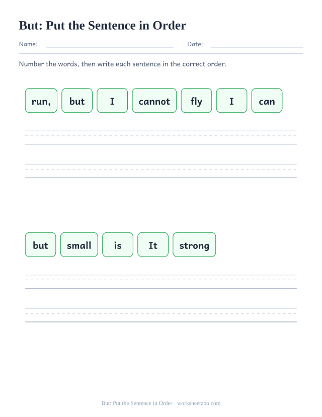 Sight word “but” worksheet, put the sentence in order printable activity