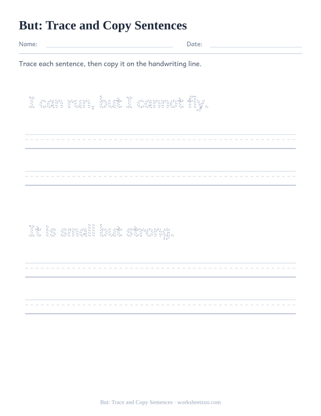 Sight word “but” worksheet, trace and copy sentences printable activity