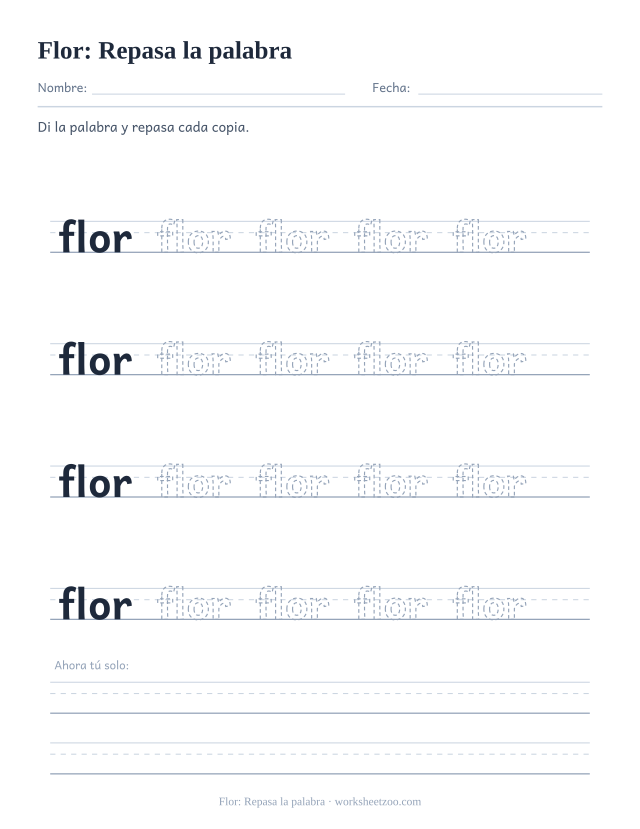 Ficha de la palabra frecuente «flor», repasa la palabra para imprimir