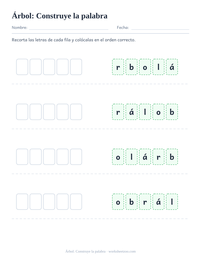 Ficha de la palabra frecuente «árbol», construye la palabra para imprimir