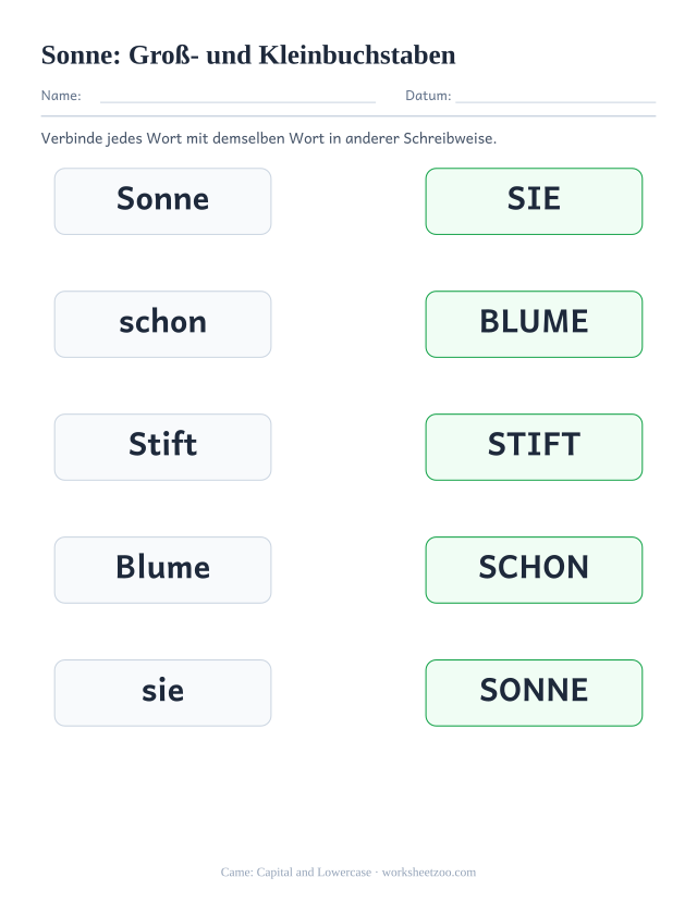 Vorschau: häufiges Wort „Sonne“, Groß- und Kleinbuchstaben
