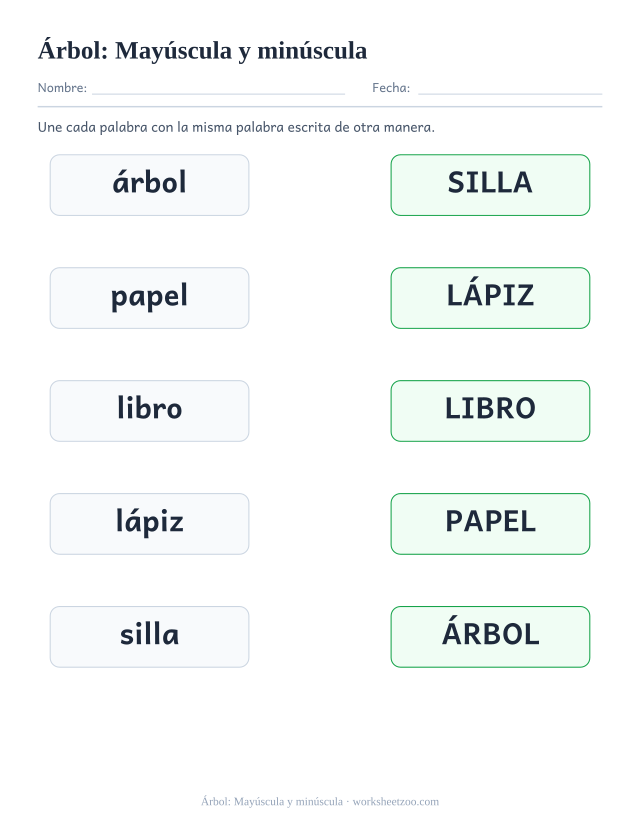 Ficha de la palabra frecuente «árbol», mayúscula y minúscula para imprimir