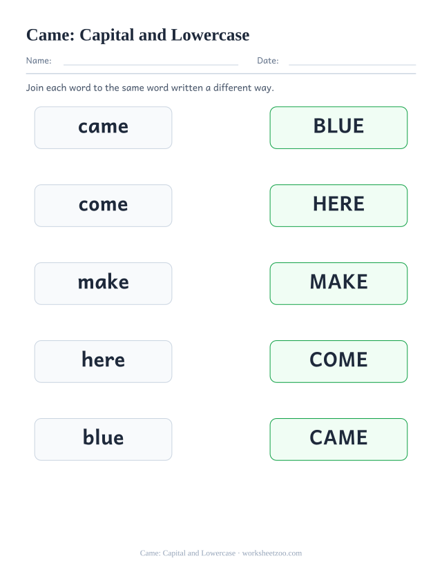 Sight word “came” worksheet, capital and lowercase printable activity
