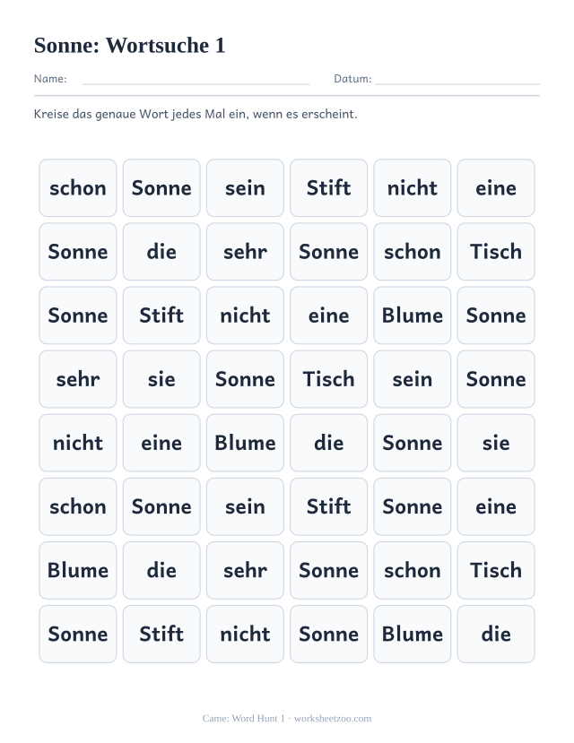 Vorschau: häufiges Wort „Sonne“, Wortsuche 1