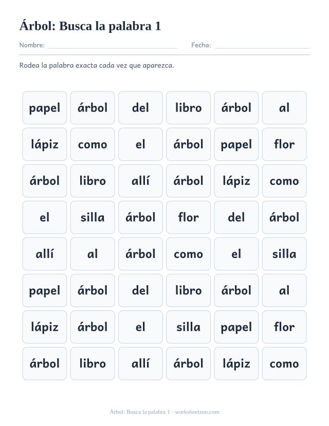 Ficha de la palabra frecuente «árbol», busca la palabra 1 para imprimir