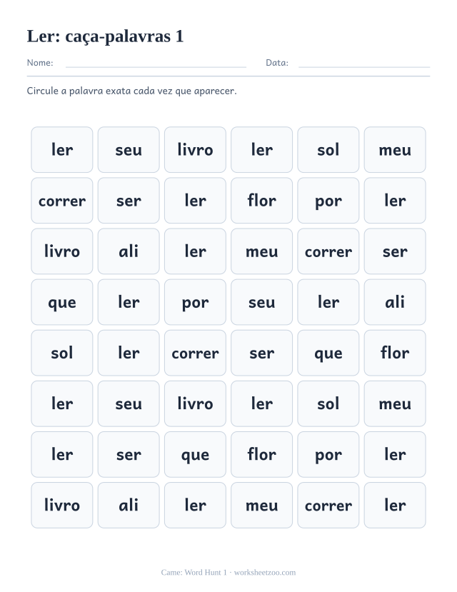 Prévia da palavra frequente “ler”, caça-palavras 1