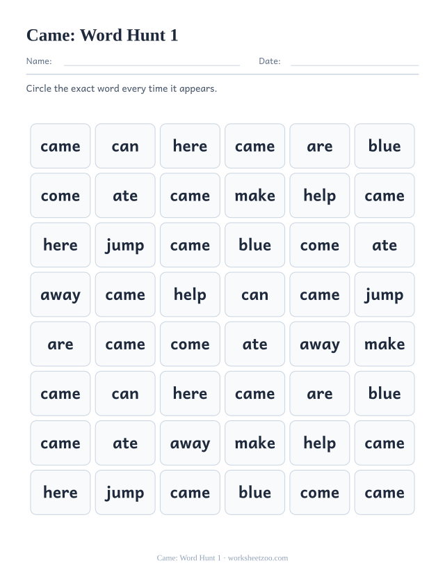 Sight word “came” worksheet, word hunt 1 printable activity