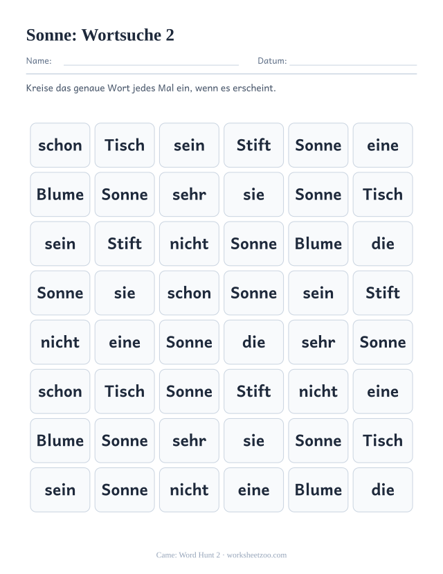 Vorschau: häufiges Wort „Sonne“, Wortsuche 2