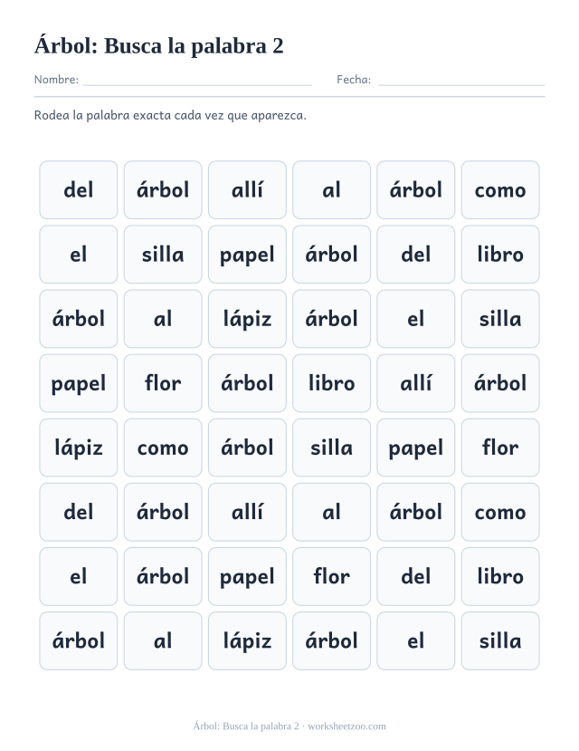 Ficha de la palabra frecuente «árbol», busca la palabra 2 para imprimir