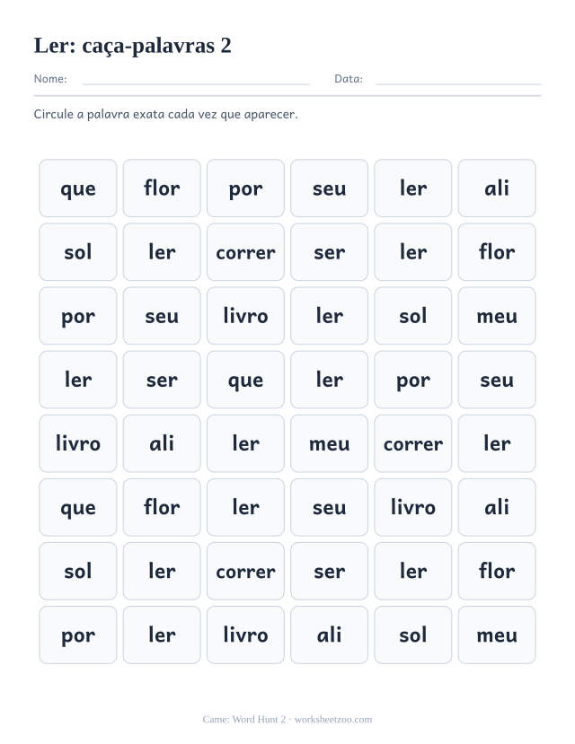 Prévia da palavra frequente “ler”, caça-palavras 2