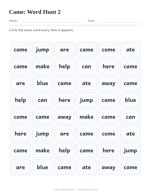 Sight word “came” worksheet, word hunt 2 printable activity