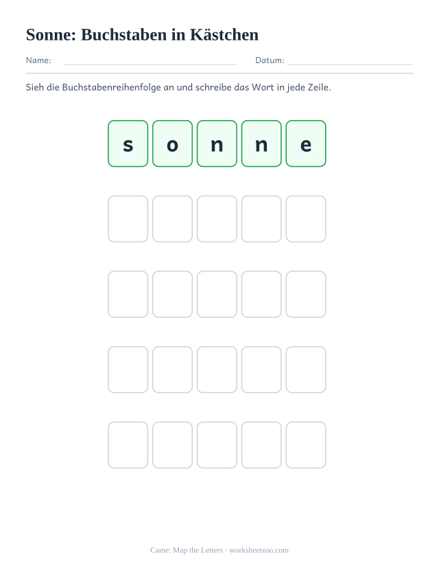 Vorschau: häufiges Wort „Sonne“, Buchstaben in Kästchen
