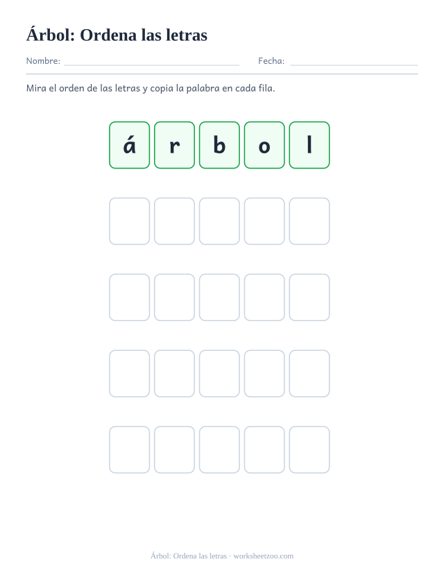 Ficha de la palabra frecuente «árbol», ordena las letras para imprimir