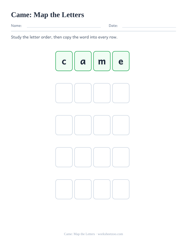 Sight word “came” worksheet, map the letters printable activity