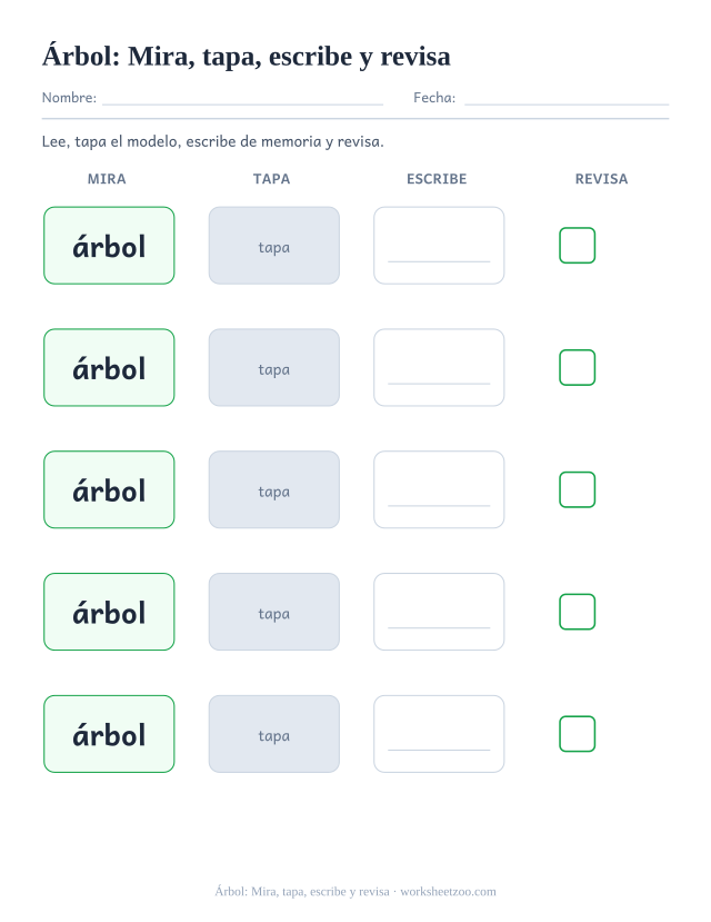 Ficha de la palabra frecuente «árbol», mira, tapa, escribe y revisa para imprimir