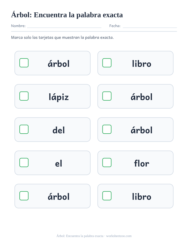 Ficha de la palabra frecuente «árbol», encuentra la palabra exacta para imprimir