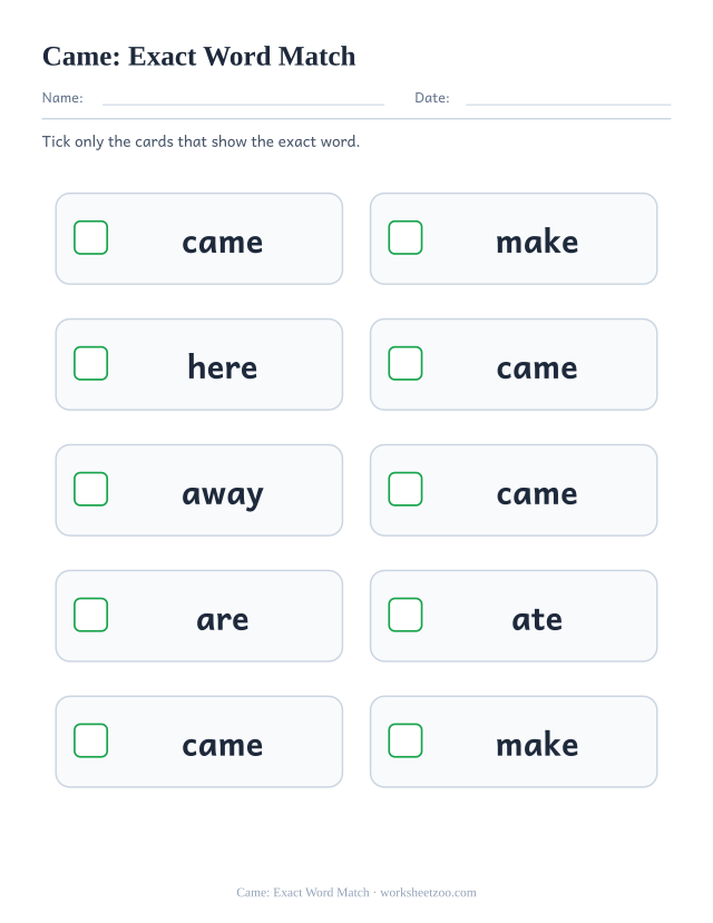 Sight word “came” worksheet, exact word match printable activity