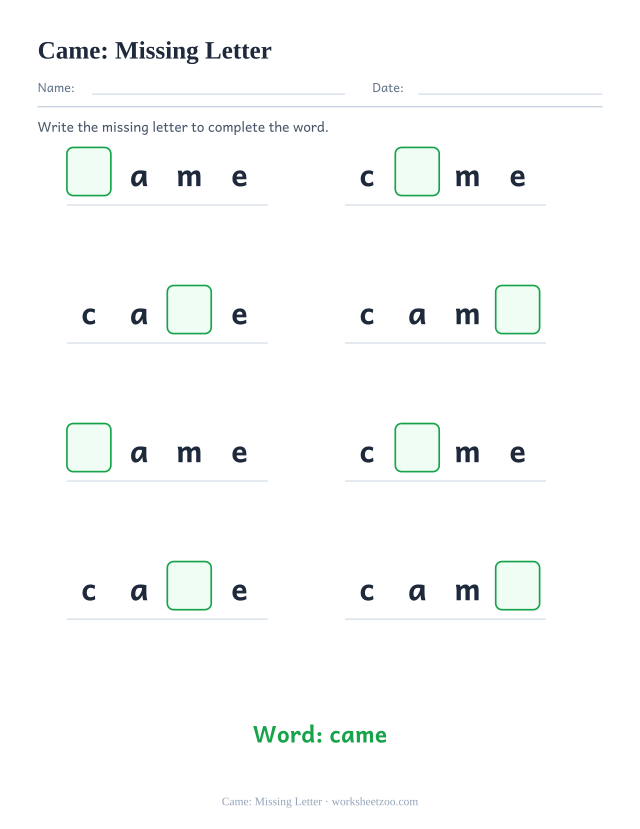 Sight word “came” worksheet, missing letter printable activity