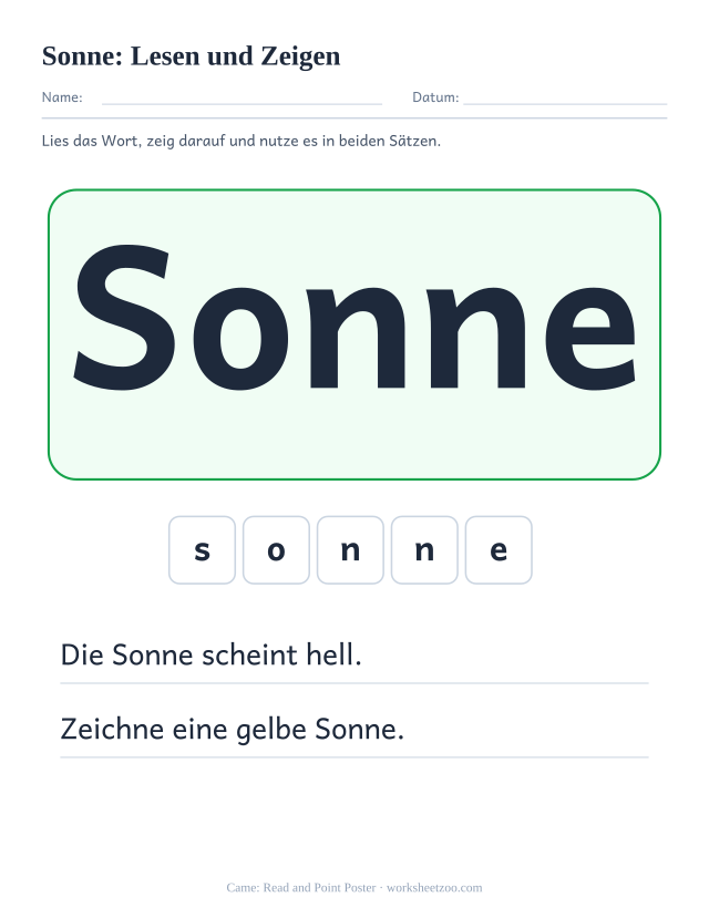 Vorschau: häufiges Wort „Sonne“, Lesen und Zeigen